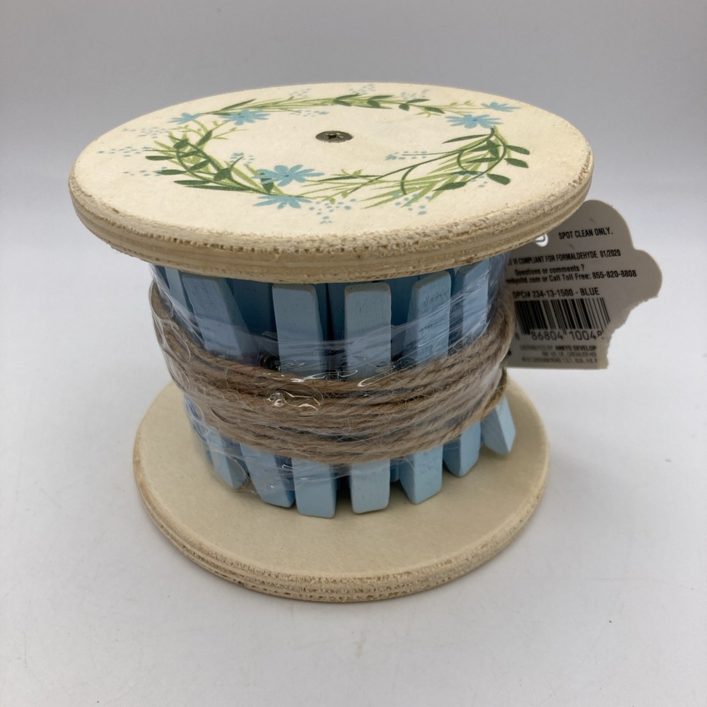 Wooden Spool Of 24 Mini Blue Clothespins And 10ft Of Twine Hand Painted Crafty